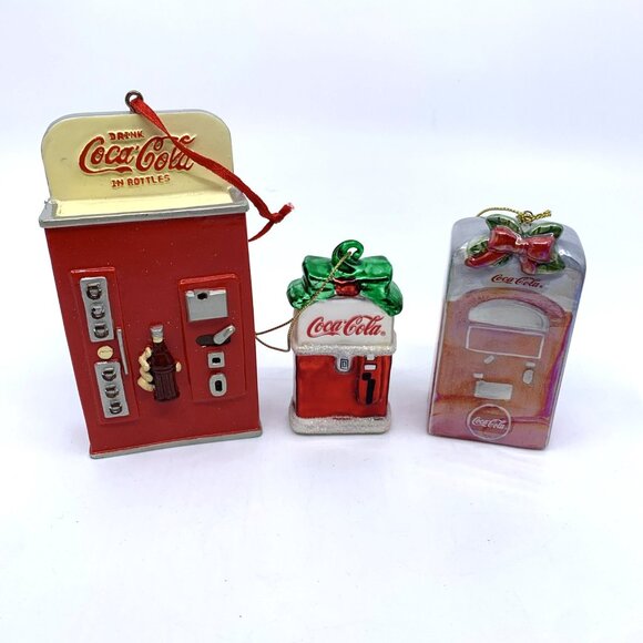 3 Coca-Cola Coke Vending Machine Ornaments Vintage Glitter Porcelain Metal Vtg - Picture 1 of 11